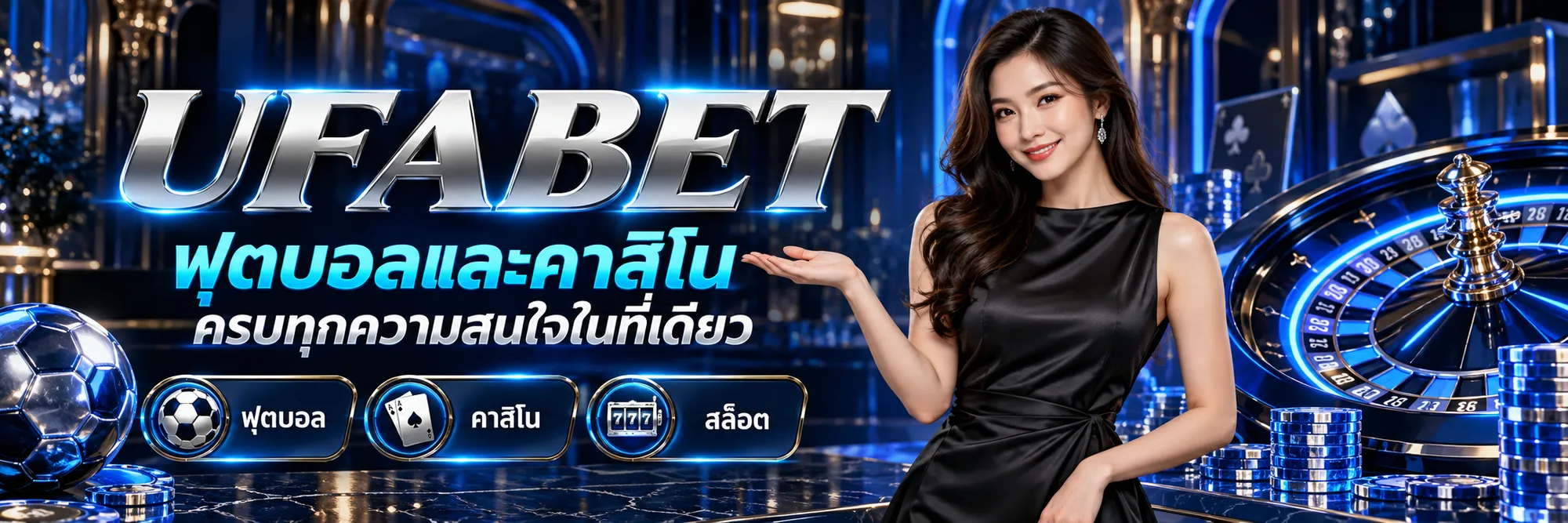 UFABET ฟุตบอลและคาสิโน ครบทุกความสนใจในที่เดียว พร้อมนางแบบผู้ใหญ่ในเดรสสีดำและฉากน้ำเงินเงิน